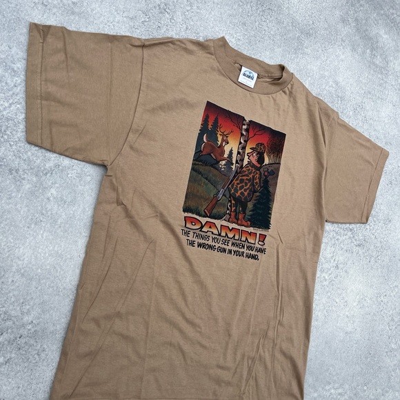 Vintage 90s Style Light Brown Funny Cartoon Hunting Gun Graphic Cotton T-Shirt - Picture 7 of 8